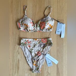 Floral High-Waist Bikini Set - Ivory with Coral & Green